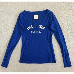 Y2K Abercrombie & Fitch Shirt Womens Large Blue Long Sleeve V‎ Neck Graphic 1892